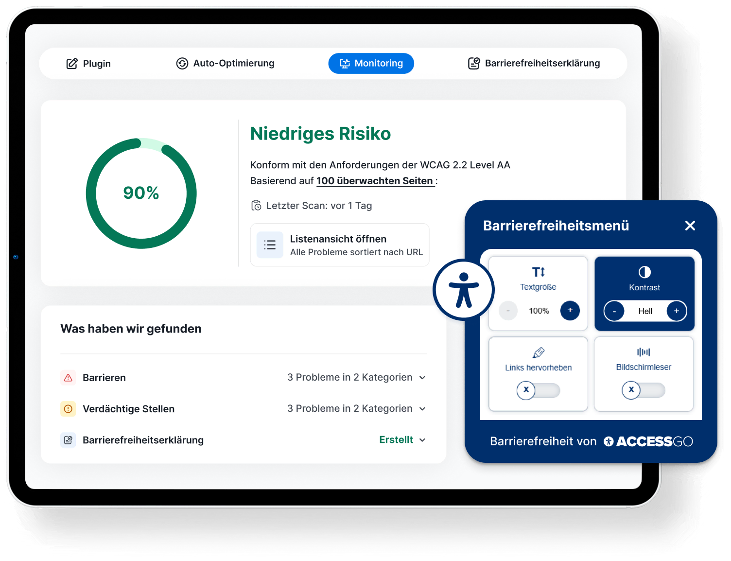 Vorschau des AccessGO-Dashboards mit Barrierefreiheits-Score einer Website und den häufigsten Konformitätsproblemen